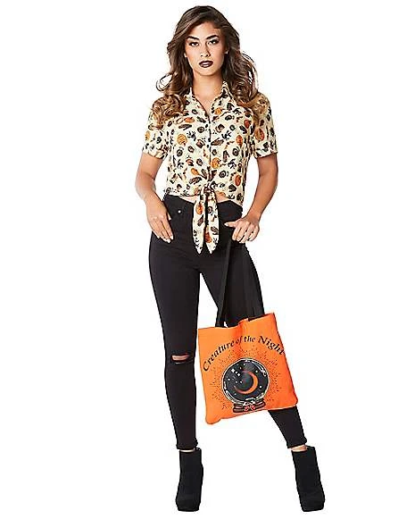 Adult Vintage Halloween Icon Tie Front Shirt And Tote Bag 1 Adult Vintage Halloween Icon Tie Front Shirt And Tote Bag