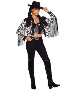 Adult Western Cow Print Fringe Jacket